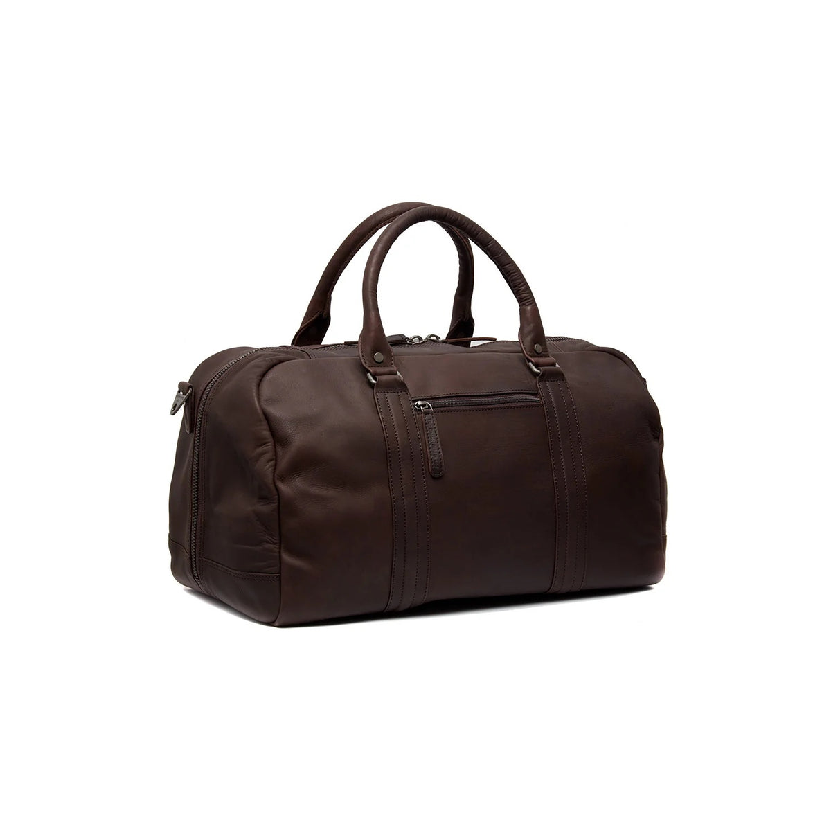 The Chesterfield Brand Reisetasche Perth Braun – Rückansicht schräg mit Außentasche und Schultergurt