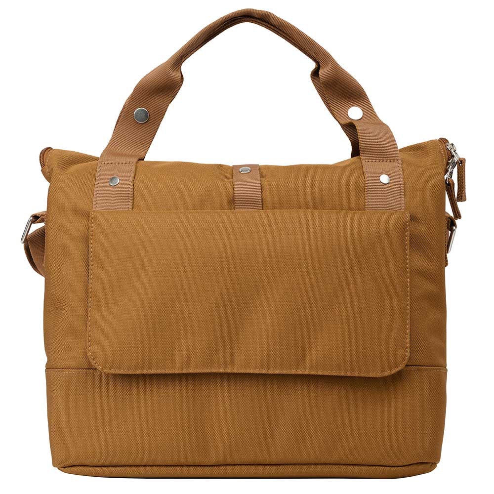 Weathergoods Sweden City Bike Satchel braun – Rückansicht mit Vorrichtung Rixxen Haken zur Befestigung am Gepäckträger geschlossen mit Abdeckung - HOLE-X