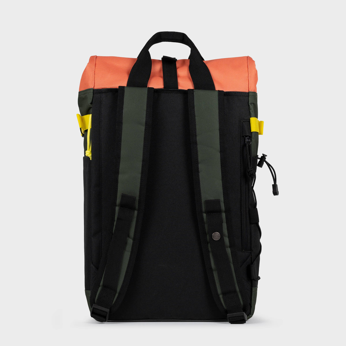 Roll-Top Rucksack aus 100% recyceltem Polyester - Khaki und Orange - Rückansicht
