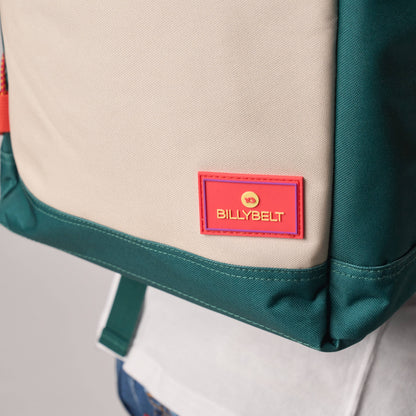 Billybelt Roll-Top Rucksack aus 100% recyceltem Polyester - Grün und Elfenbein - Logo. - HOLE-X