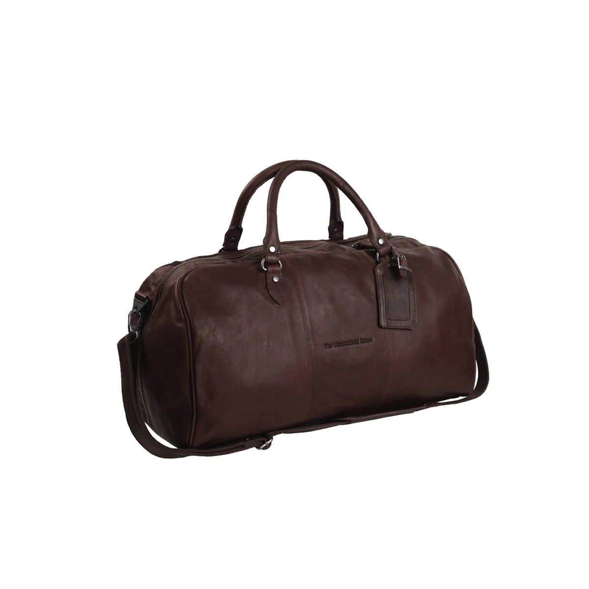 The Chesterfield Brand Weekender William Braun – Frontansicht schräg, Wax Pull Up Leder, breite Tragegriffe und Gepäckanhänger