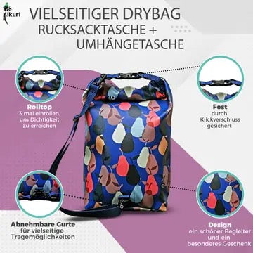 IKURI Drybag Peras Blau – wasserdicht, Rolltop, als Rucksack tragbar