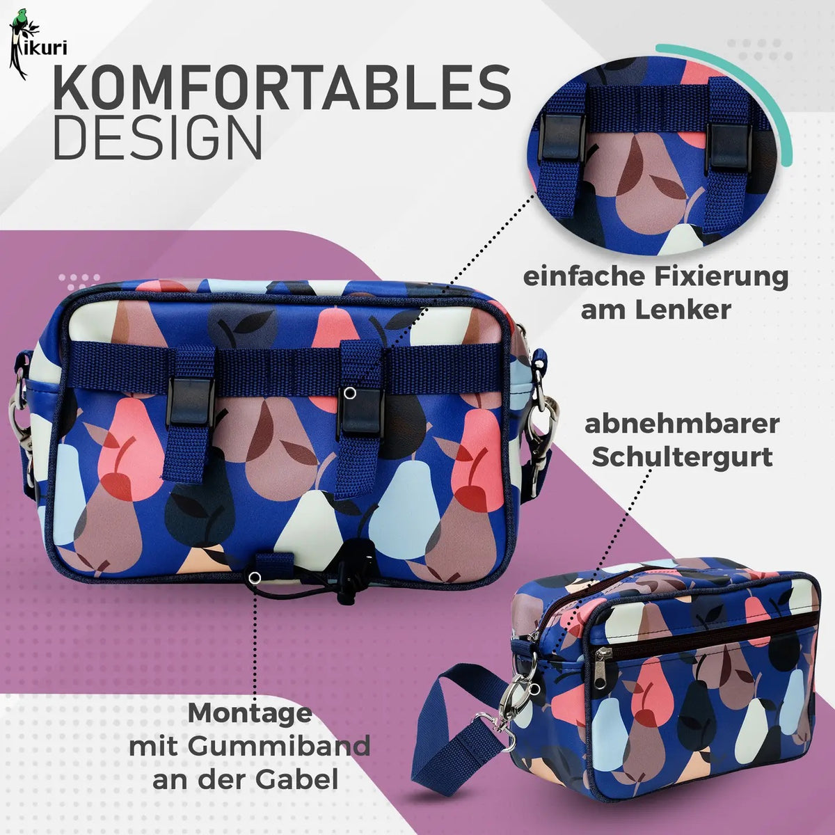 IKURI Lenkertasche Peras Blau – wasserdichte Fahrradtasche für Lenker und Schulter, handgefertigt