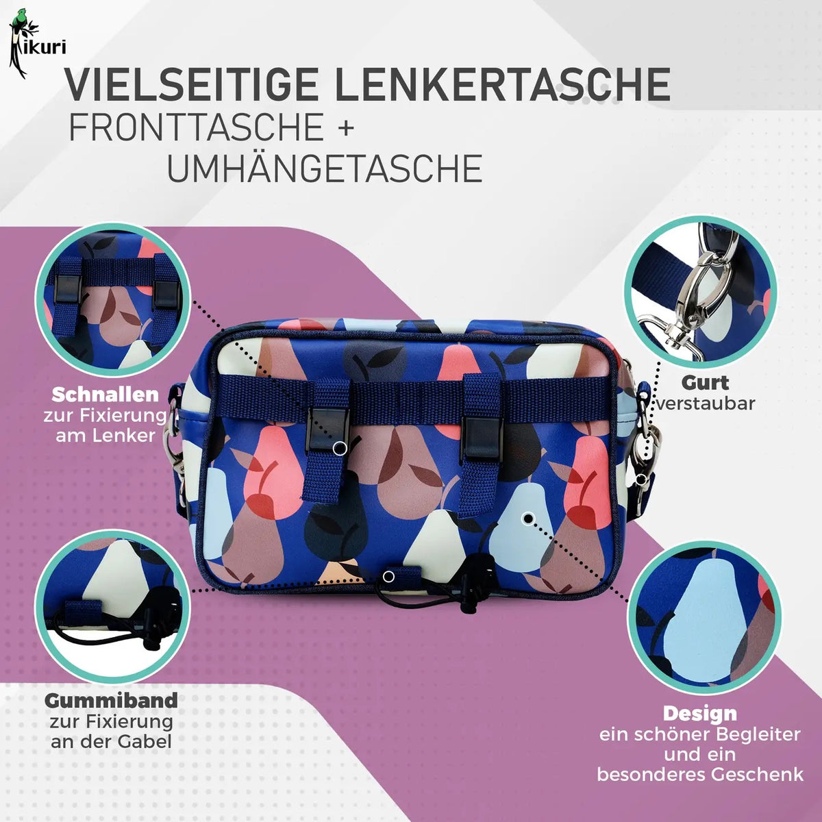 IKURI Lenkertasche Peras Blau – wasserdichte Fahrradtasche für Lenker und Schulter, handgefertigt