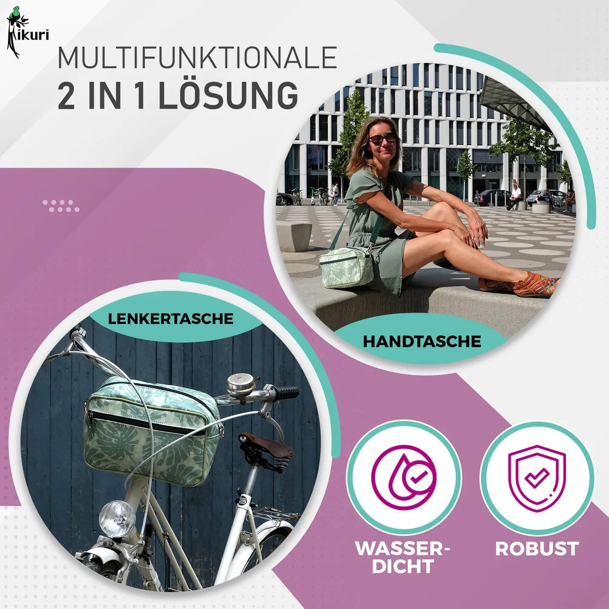 IKURI Lenkertasche Monstera – wasserdichte Fahrradtasche für Lenker und Schulter, handgefertigt