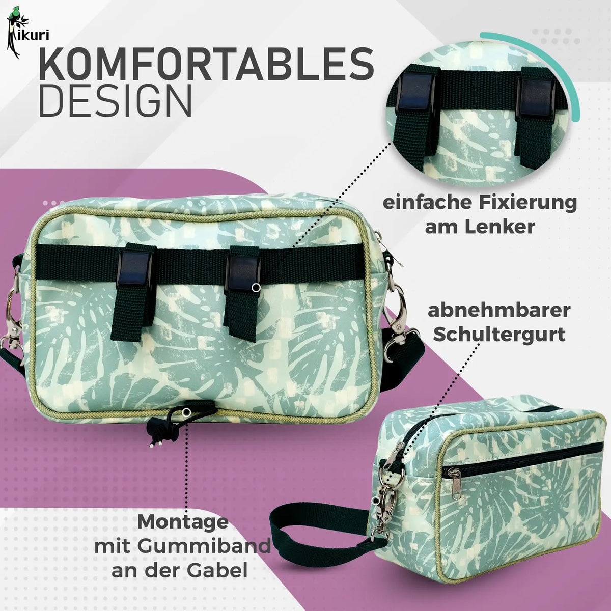 IKURI Lenkertasche Monstera – wasserdichte Fahrradtasche für Lenker und Schulter, handgefertigt
