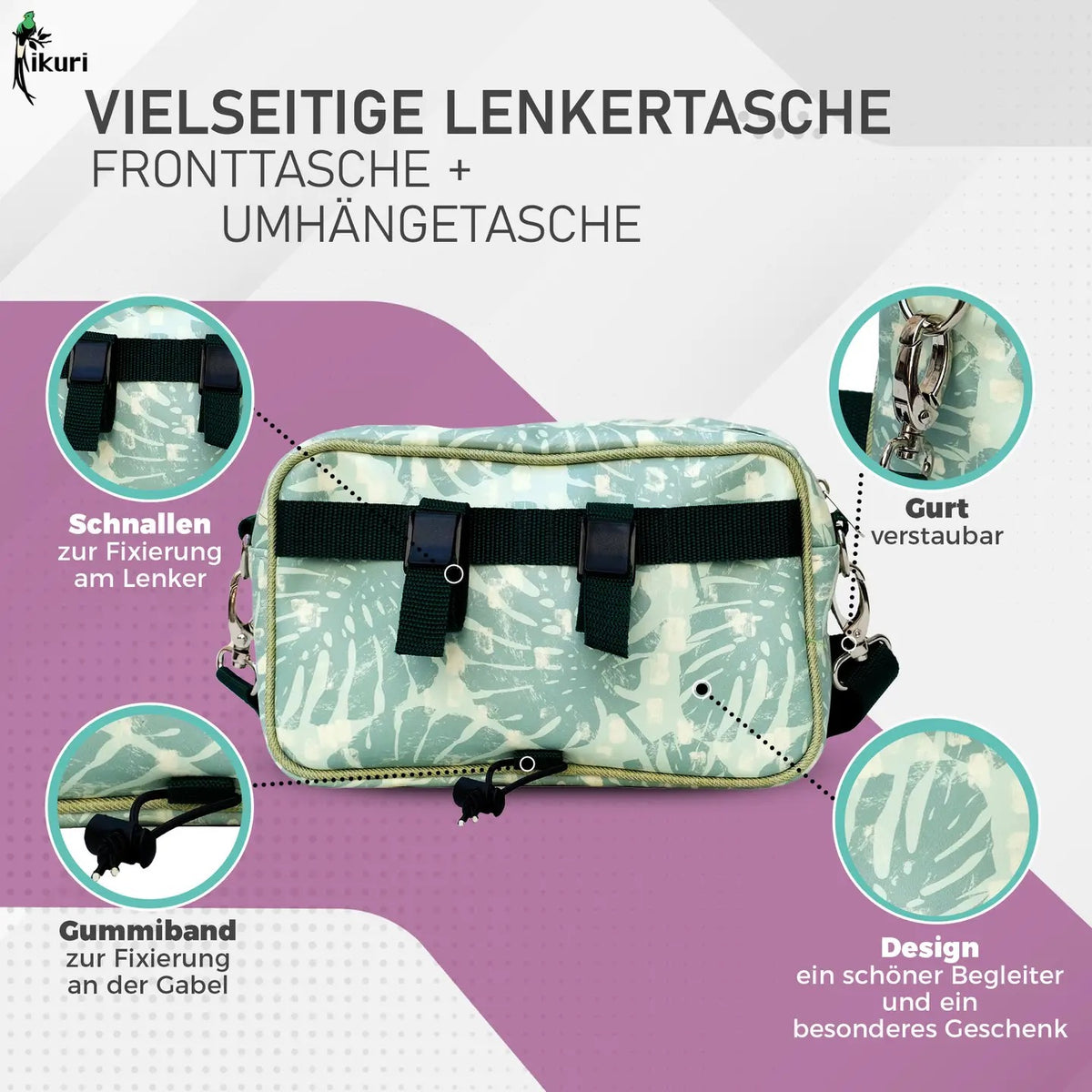 IKURI Lenkertasche Monstera – wasserdichte Fahrradtasche für Lenker und Schulter, handgefertigt