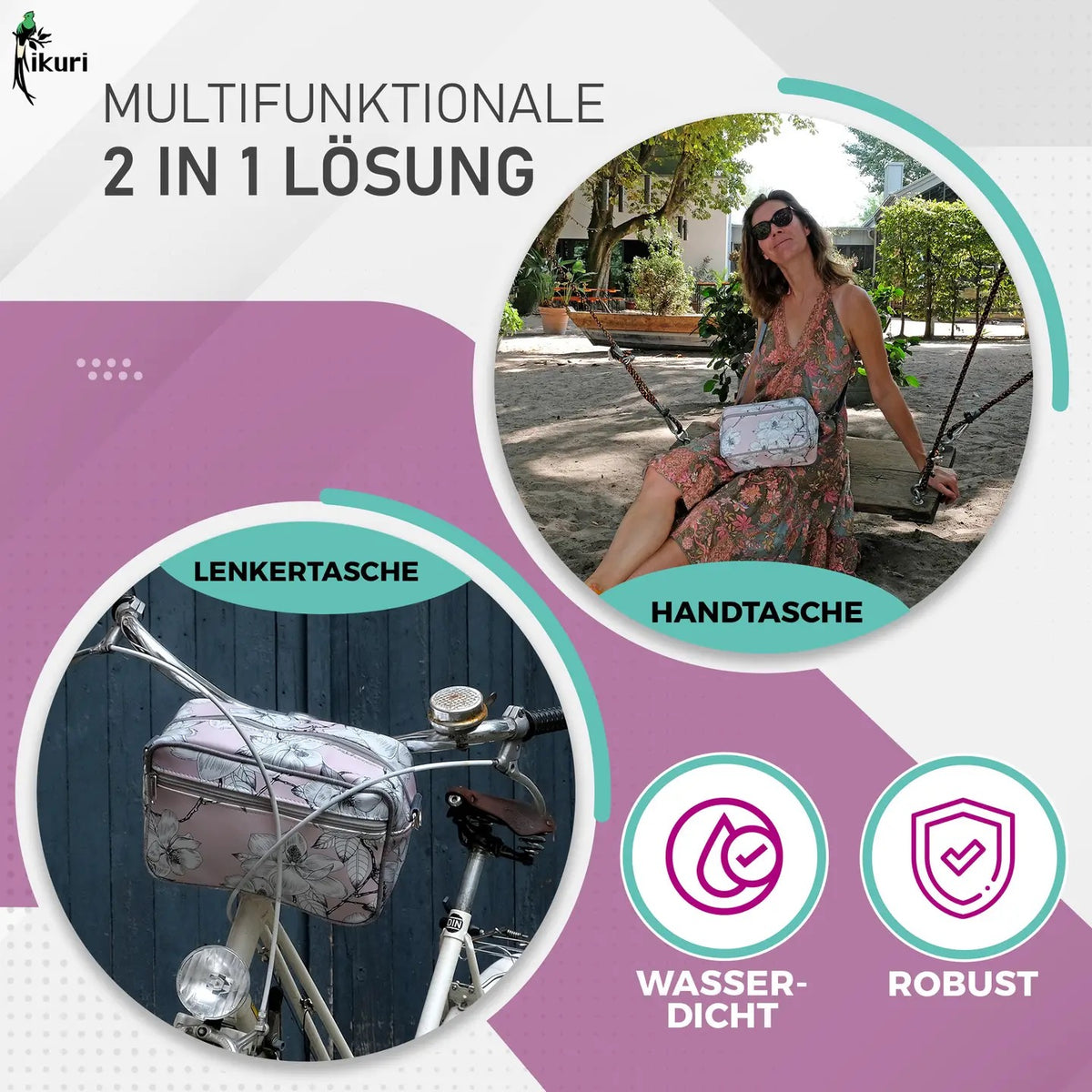 IKURI Lenkertasche Magnolia – wasserdichte Fahrradtasche für Lenker und Schulter, handgefertigt