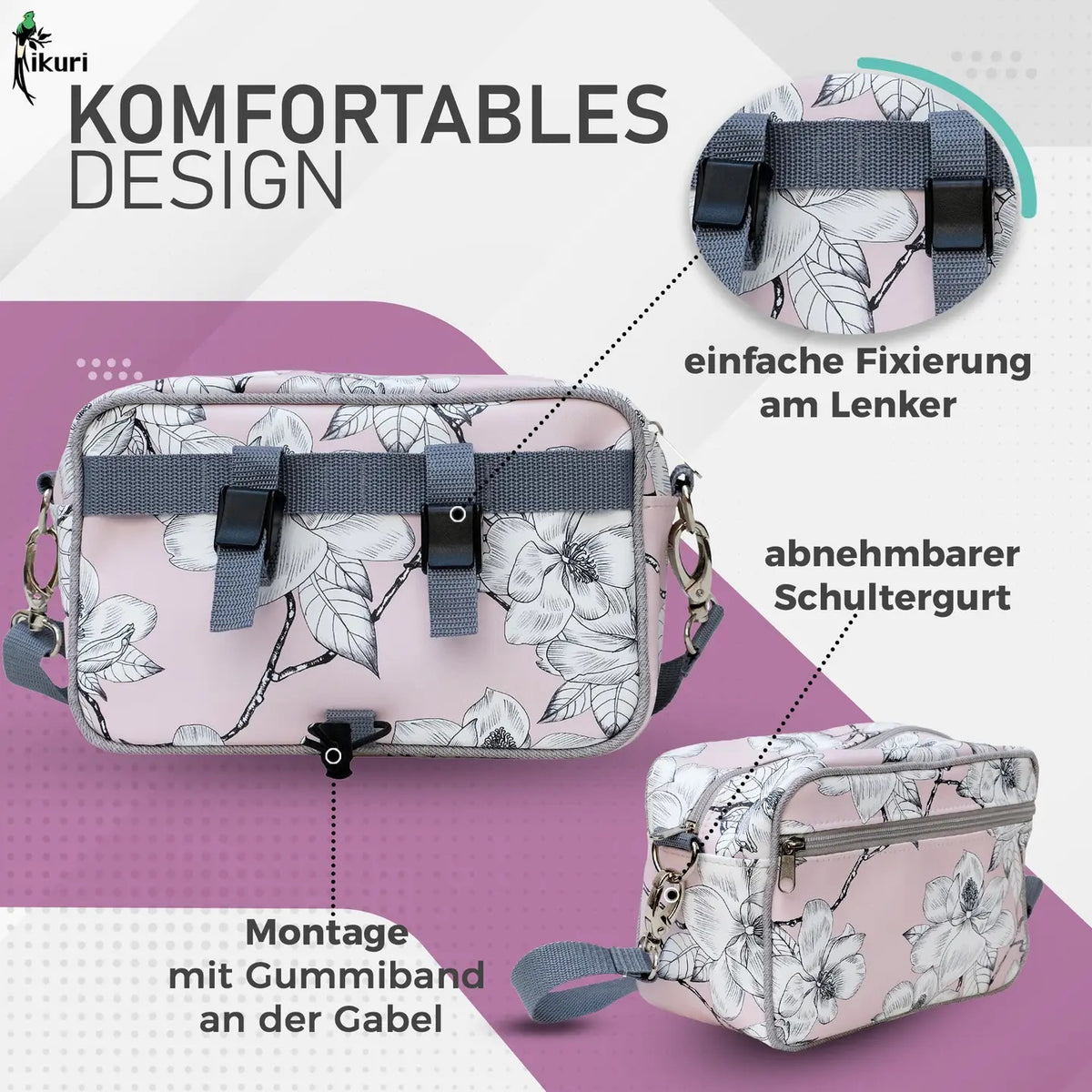 IKURI Lenkertasche Magnolia – wasserdichte Fahrradtasche für Lenker und Schulter, handgefertigt
