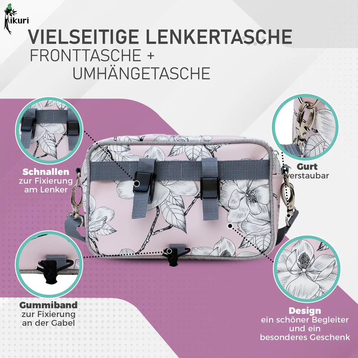 IKURI Lenkertasche Magnolia – wasserdichte Fahrradtasche für Lenker und Schulter, handgefertigt