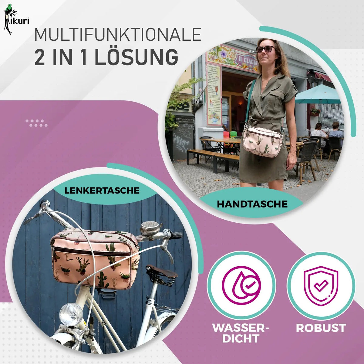 IKURI Lenkertasche Cactus – wasserdichte Fahrradtasche für Lenker und Schulter, handgefertigt