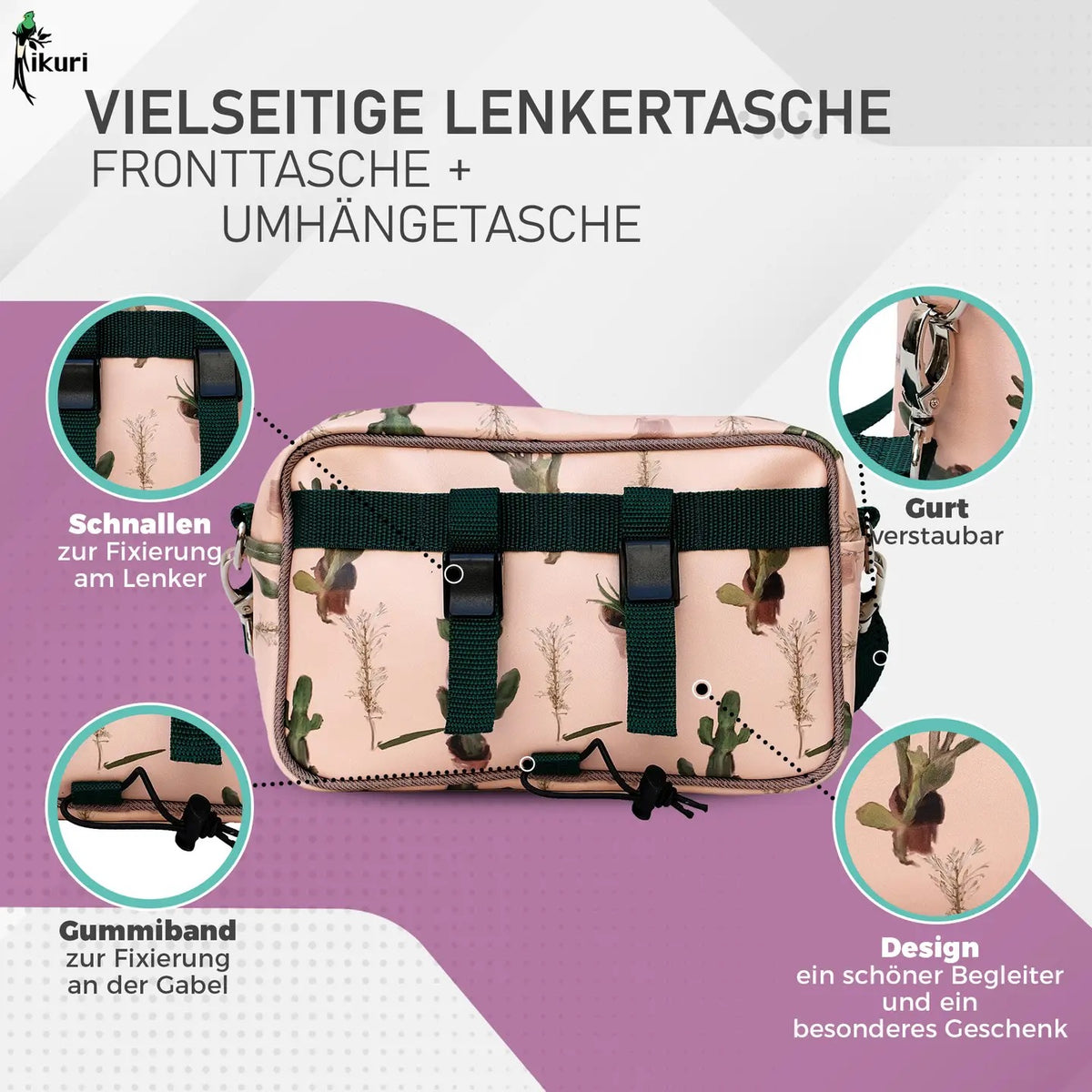 IKURI Lenkertasche Cactus – wasserdichte Fahrradtasche für Lenker und Schulter, handgefertigt