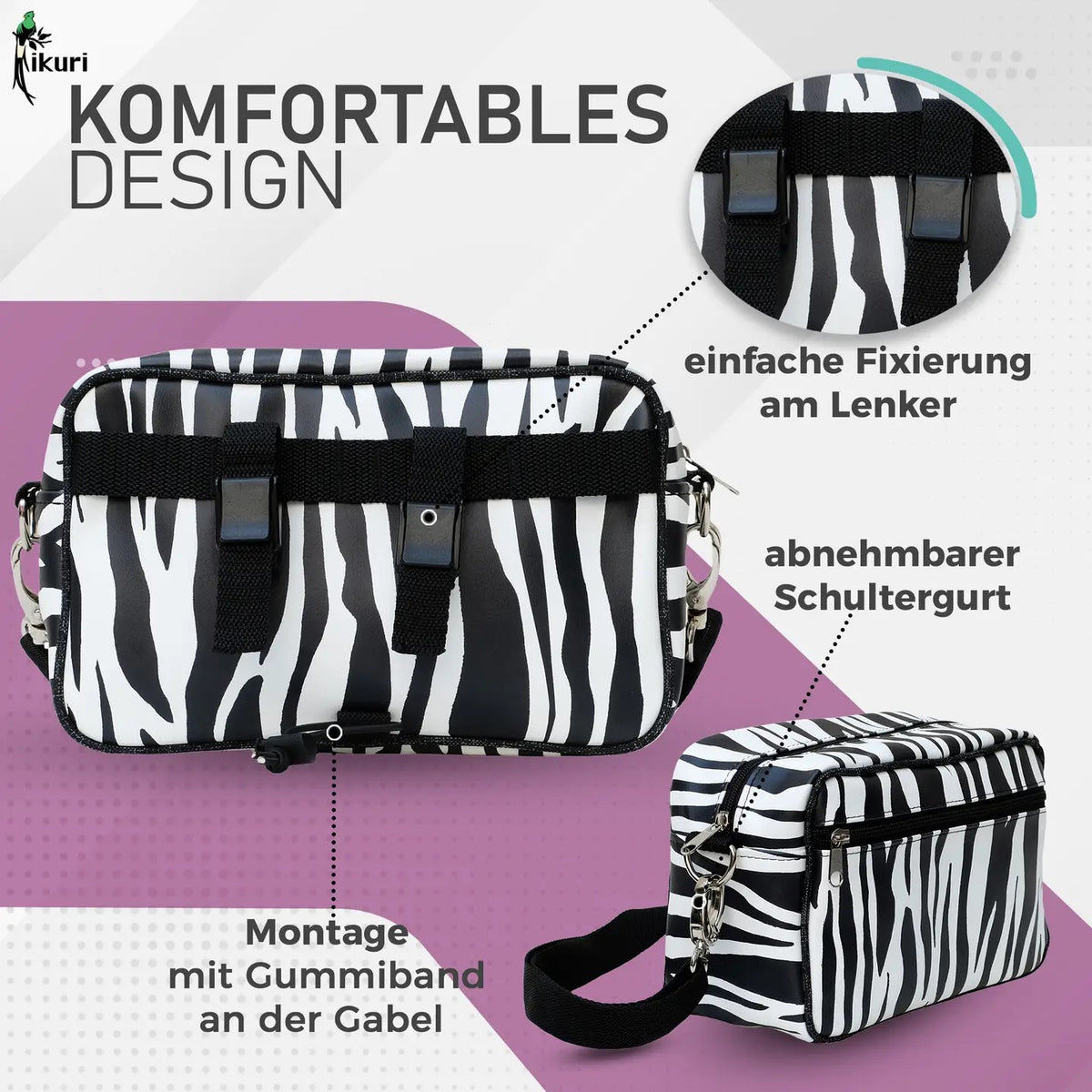 IKURI Lenkertasche Zebra – wasserdichte Fahrradtasche für Lenker und Schulter, handgefertigt