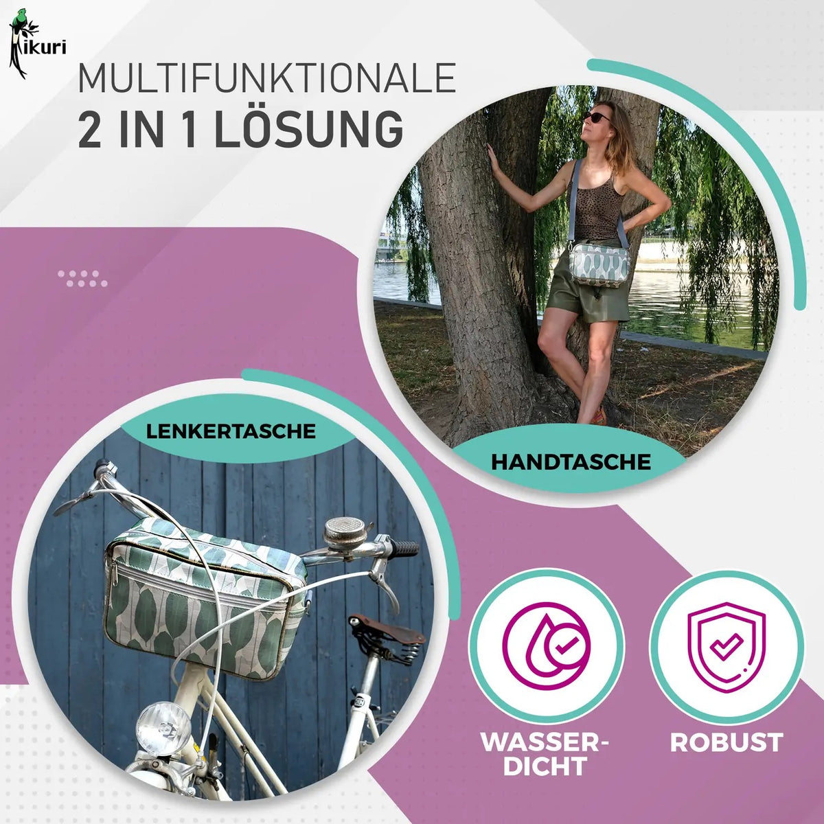 IKURI Lenkertasche Banana Leafs – wasserdichte Fahrradtasche für Lenker und Schulter, handgefertigt