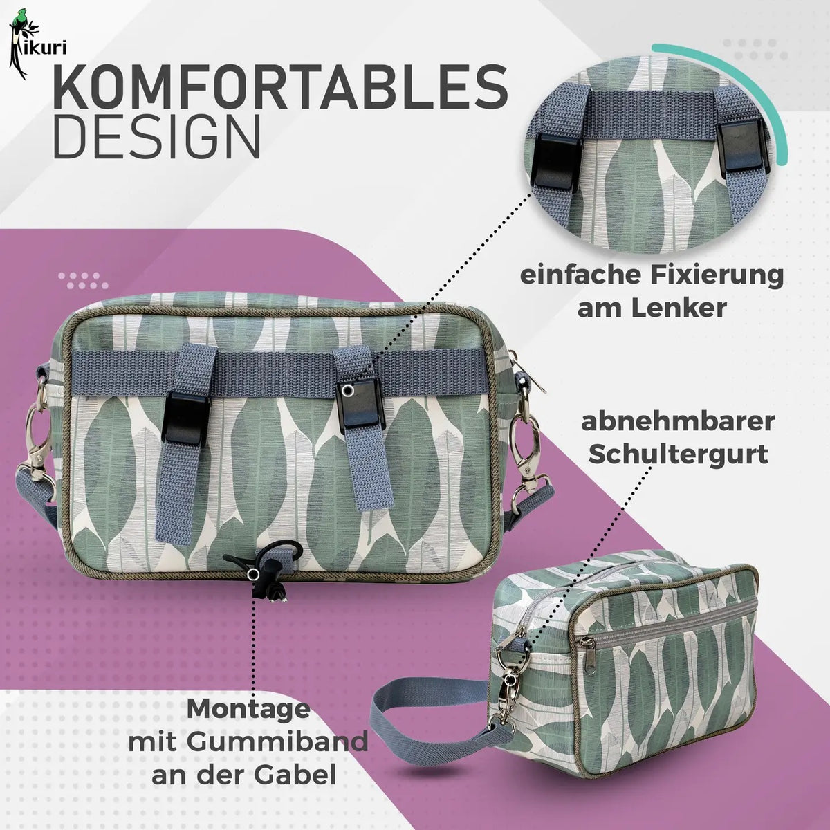 IKURI Lenkertasche Banana Leafs – wasserdichte Fahrradtasche für Lenker und Schulter, handgefertigt