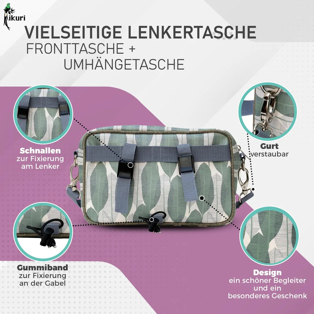 IKURI Lenkertasche Banana Leafs – wasserdichte Fahrradtasche für Lenker und Schulter, handgefertigt