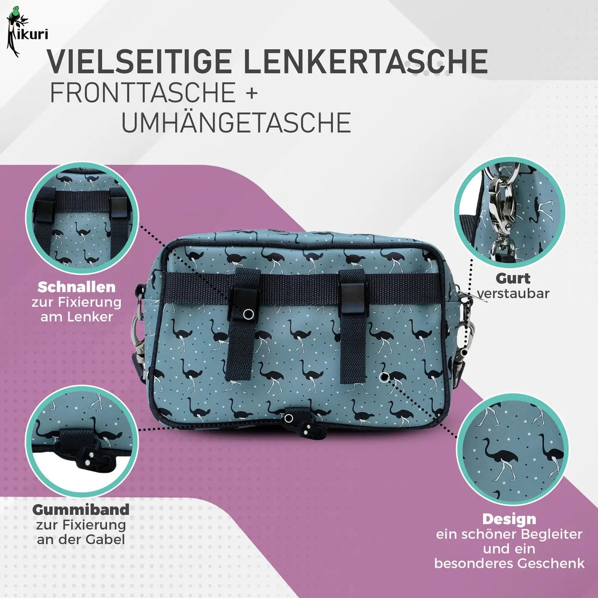 IKURI Lenkertasche Avestruz – wasserdichte Fahrradtasche für Lenker und Schulter, handgefertigt