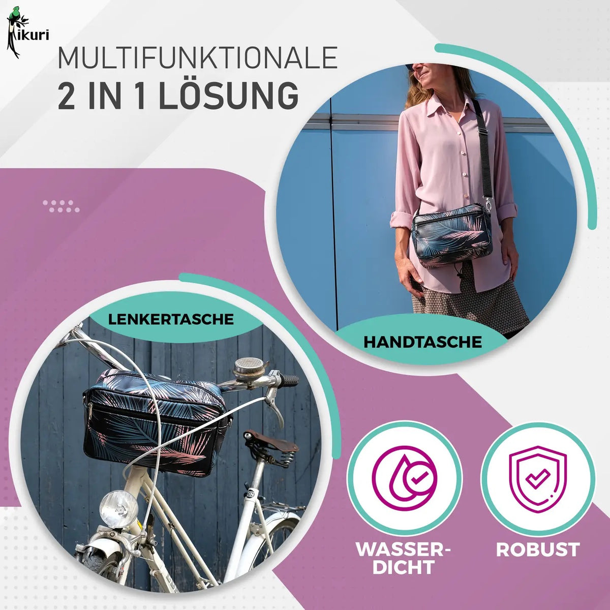 IKURI Lenkertasche Retro Palma – wasserdichte Fahrradtasche für Lenker und Schulter, handgefertigt