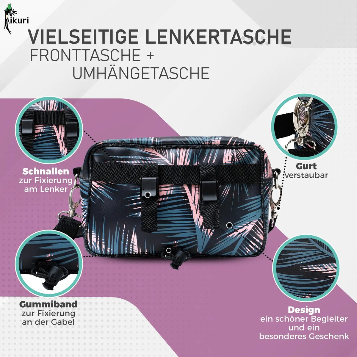 IKURI Lenkertasche Retro Palma – wasserdichte Fahrradtasche für Lenker und Schulter, handgefertigt