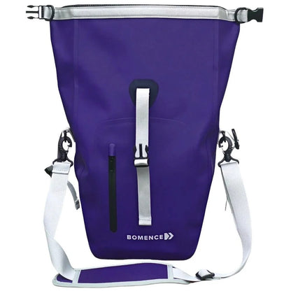 Bomence Pioneer Fahrradtasche lila 25L aufgerollt mit Trageriemen
