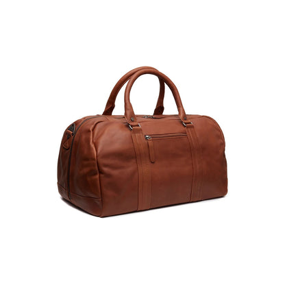 The Chesterfield Brand Reisetasche Perth Cognac – Rückansicht schräg mit Außentasche und Schultergurt