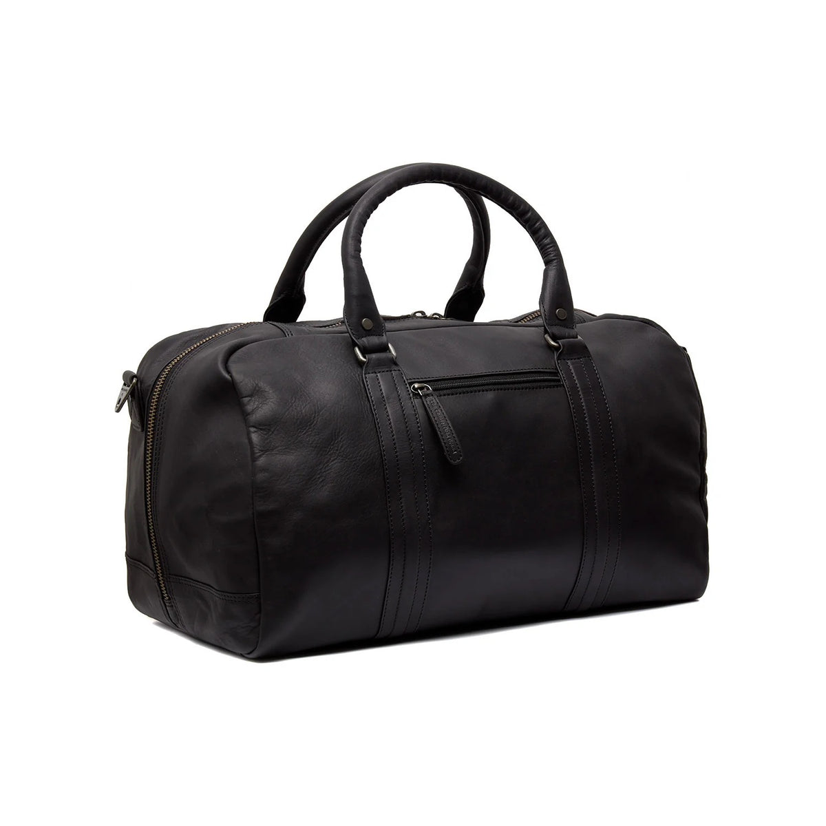 The Chesterfield Brand Weekender Perth Schwarz – Rückansicht schräg mit Außentasche und Schultergurt