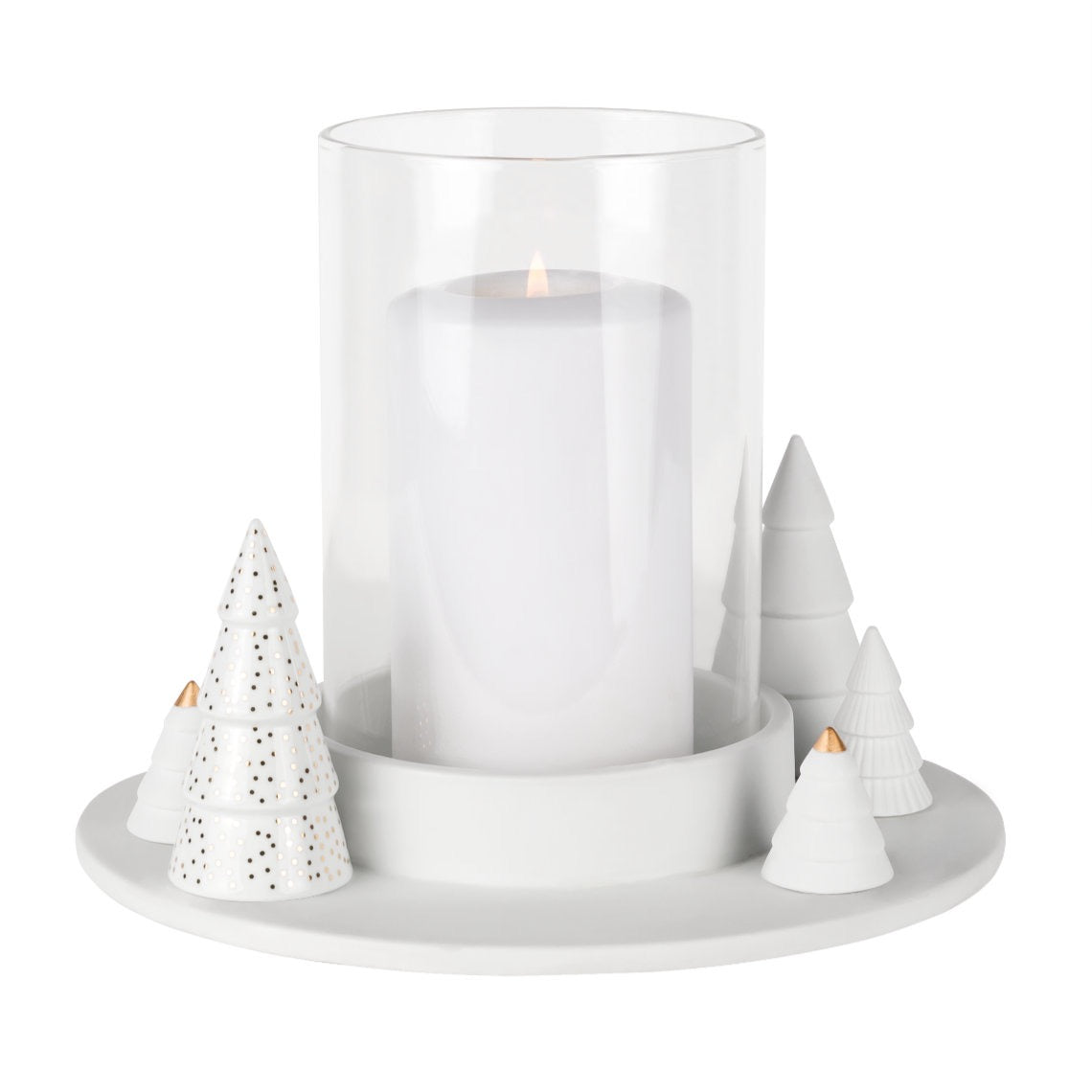 räder Windlicht Winterwald Tannen – Porzellansockel mit Tannen in verschiedenen Reliefs und Goldakzenten, Glaszylinder