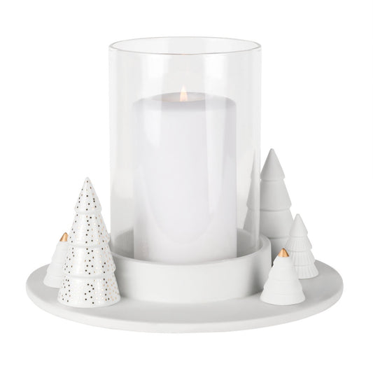 räder Windlicht Winterwald Tannen – Porzellansockel mit Tannen in verschiedenen Reliefs und Goldakzenten, Glaszylinder