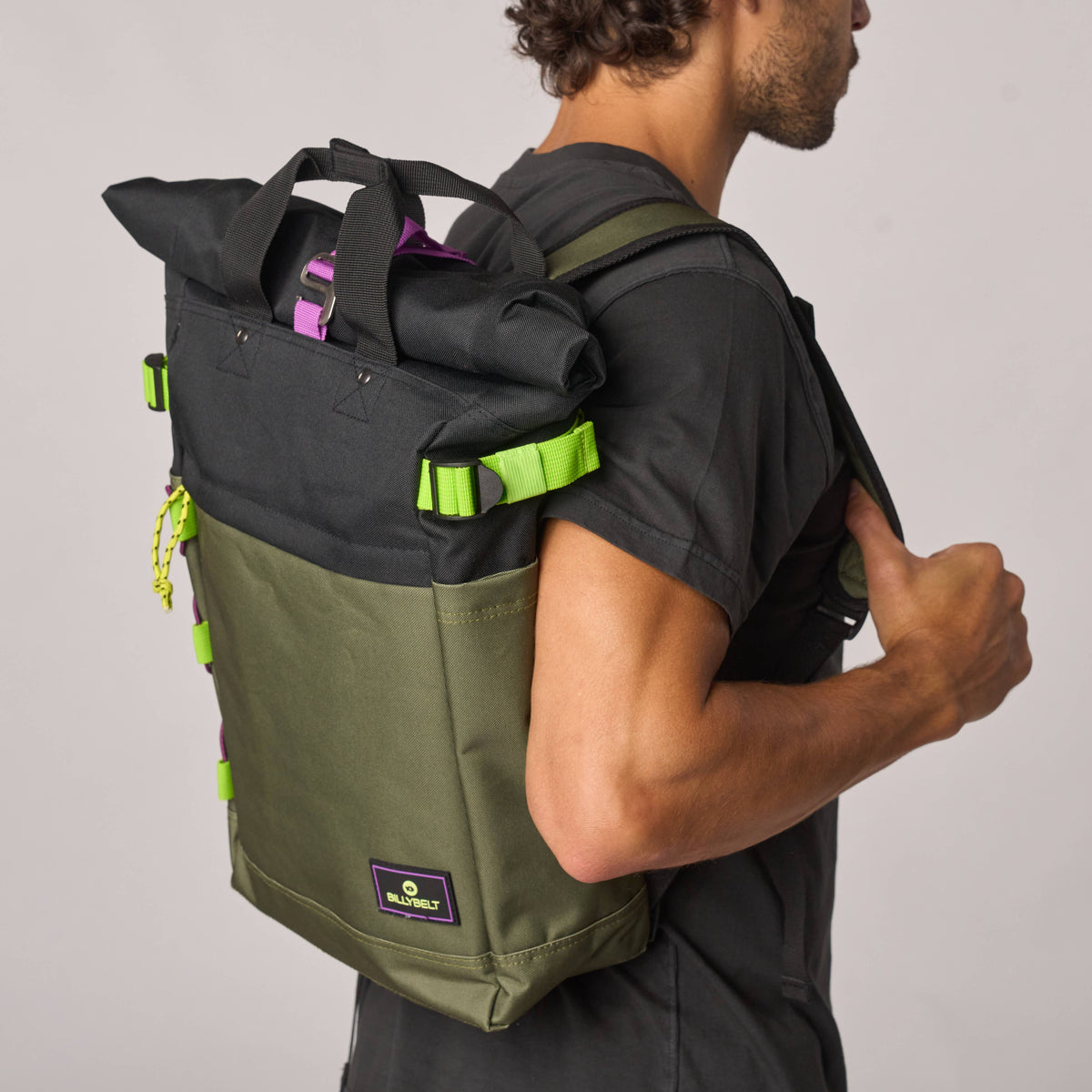 Billybelt - Roll-Top Rucksack aus 100% recyceltem Polyester - Khaki und Schwarz - HOLE-X