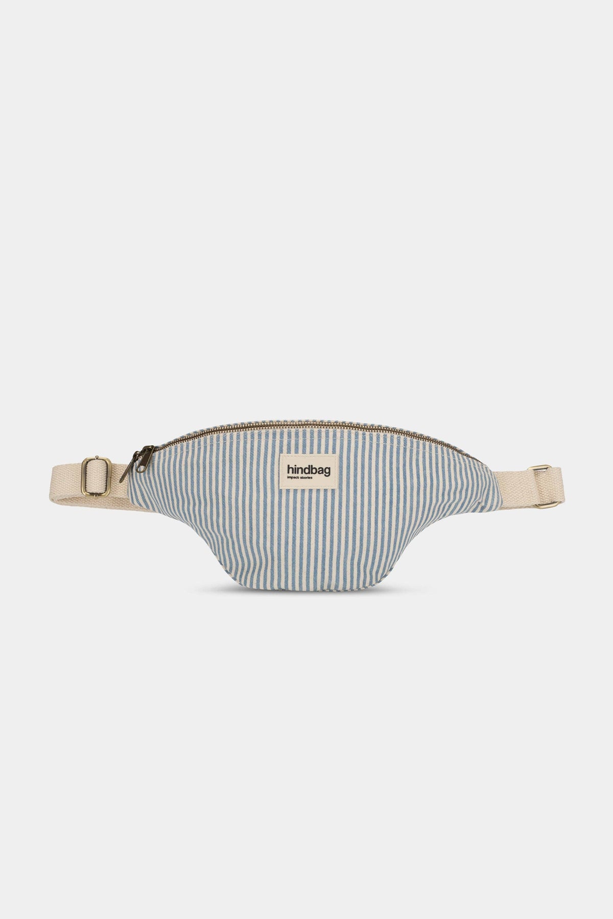 Bauchtasche Olivia von Hindbag in blau-grauen Streifen – GOTS Bio-Baumwolle, Doppelreißverschluss, verstellbarer Gurt 56–105 cm