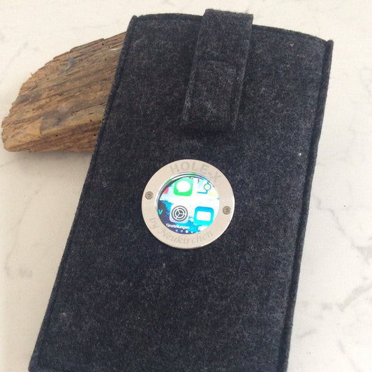 HOLE-X HOTEL Handyhülle universal Filz schwarz Bringe Deine Tasche zum Leuchten mit Deinem Smartphone Smartphonetasche Bullauge Innovation - HOLE-X-WORLD