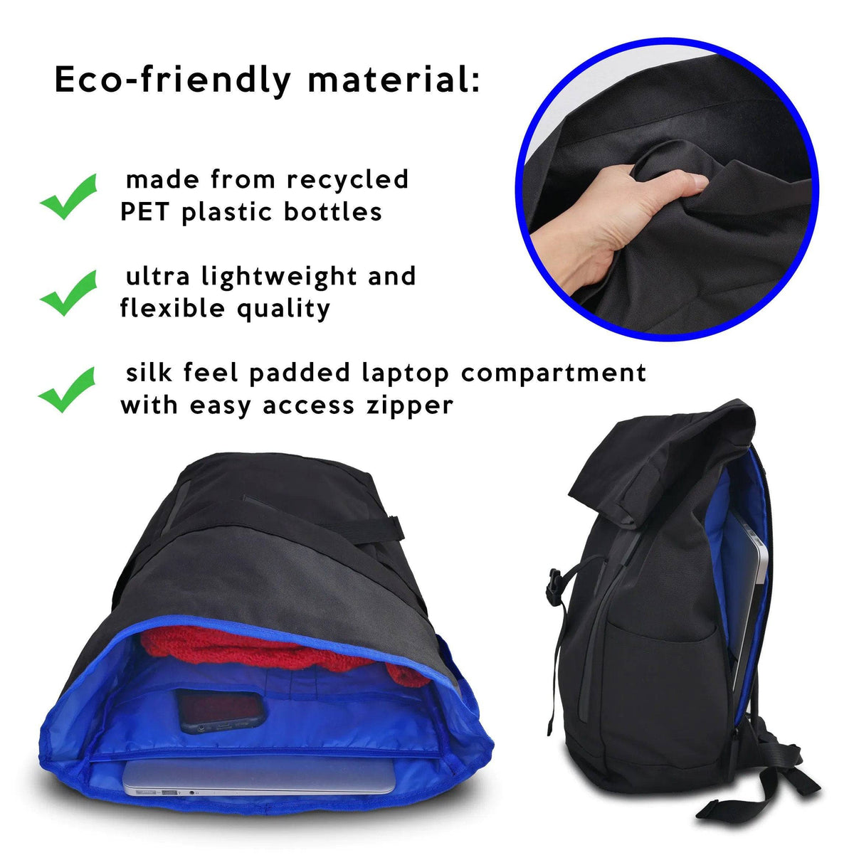 ULTRA LEICHT Rolltop Eco Rucksack Damen & Herren - wasserabweisend - aus recycelten PET Flaschen - schwarz - Bomence - HOLE-X